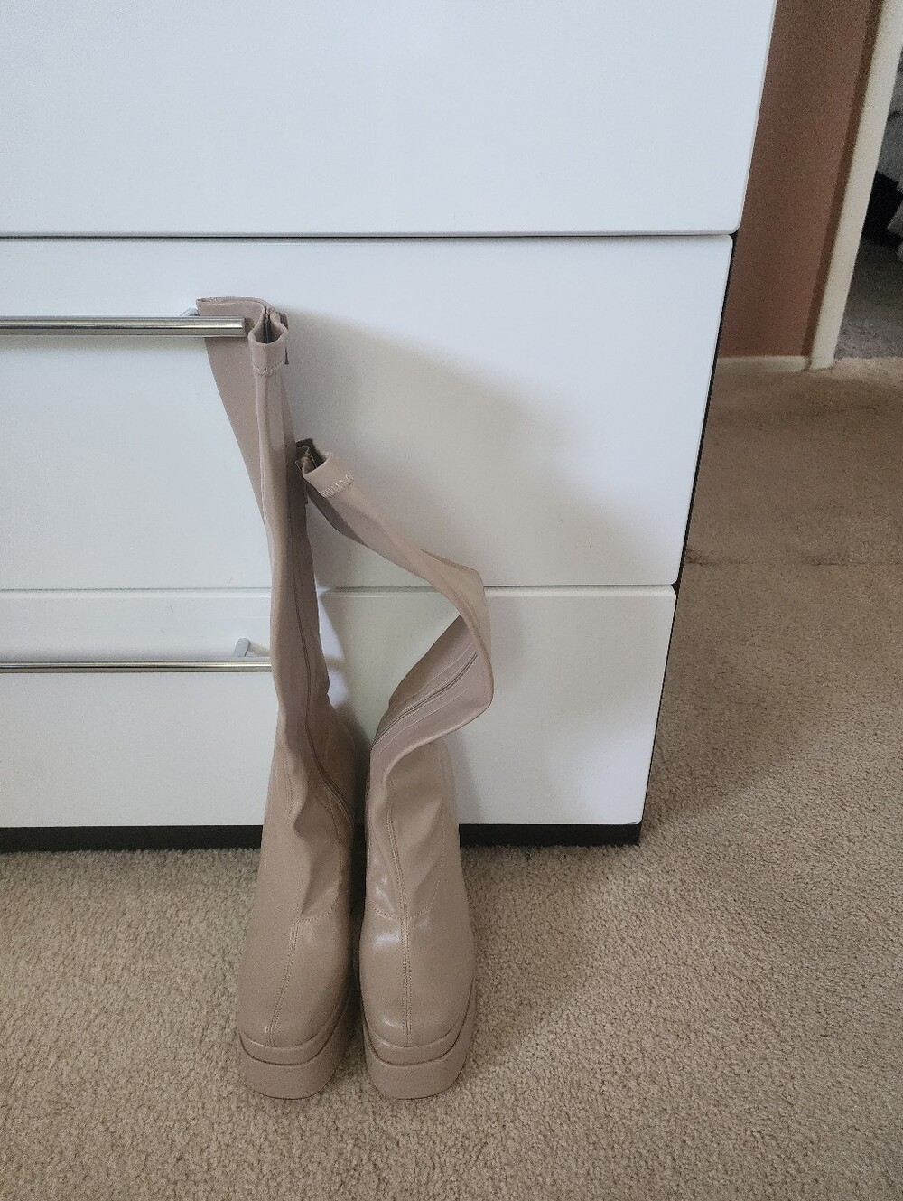 Women’s Faux Leather Tall Platform Knee High Boots in Beige Size 7